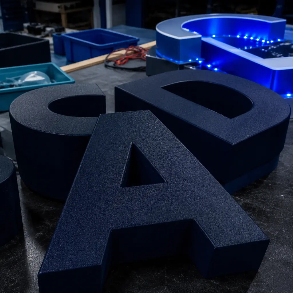 Macro close-up of 3D printed dimensional letters in ASA next to a sign shop workbench, LED channel letter components in background, photorealistic, no people, no text, no logos