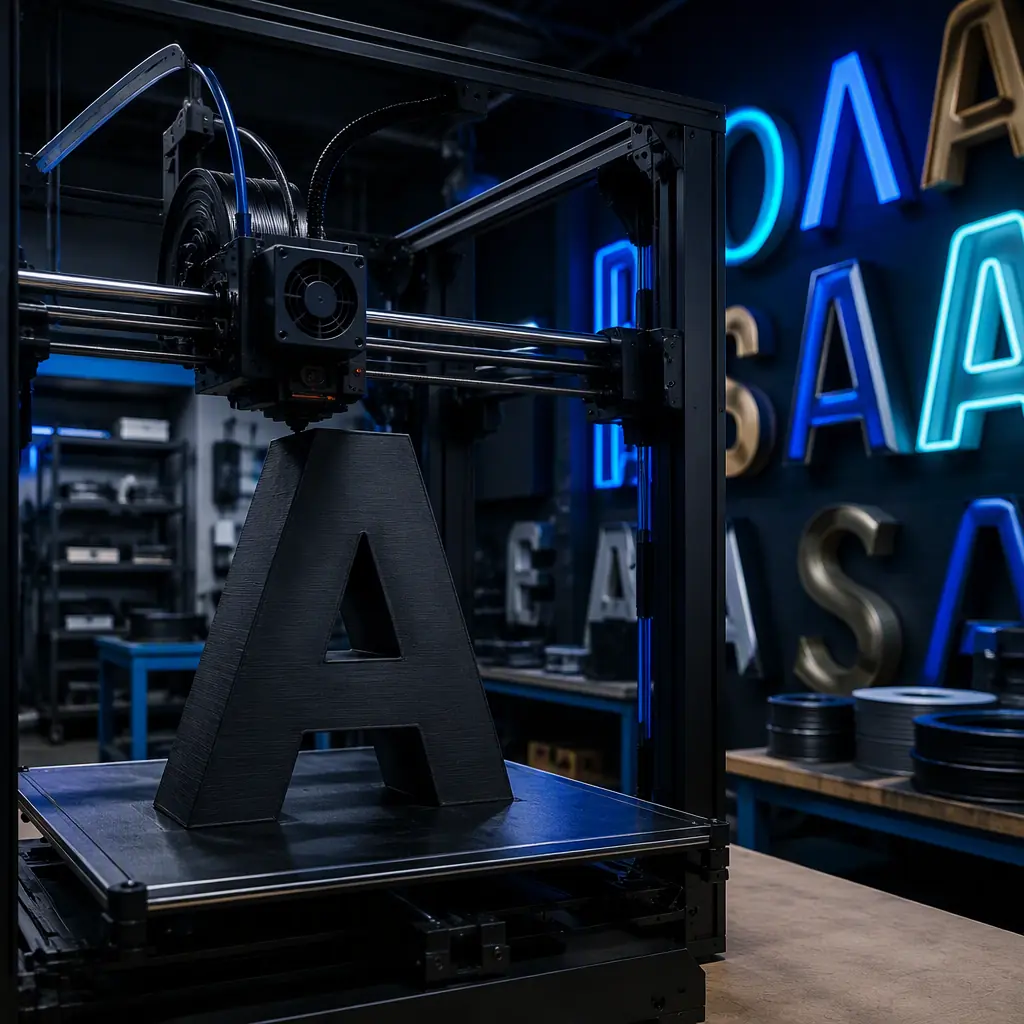 3D printer printing a large ASA dimensional letter on a build plate in a sign shop, LED channel letters on the wall behind, industrial lighting, photorealistic, no people, no text, no logos