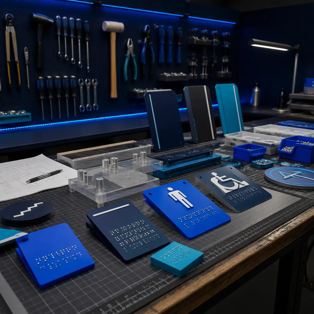 Sign shop workbench with 3D printed wayfinding sign prototypes, tactile braille panels and mounting jigs, organized tool wall, photorealistic, no people, no text, no logos