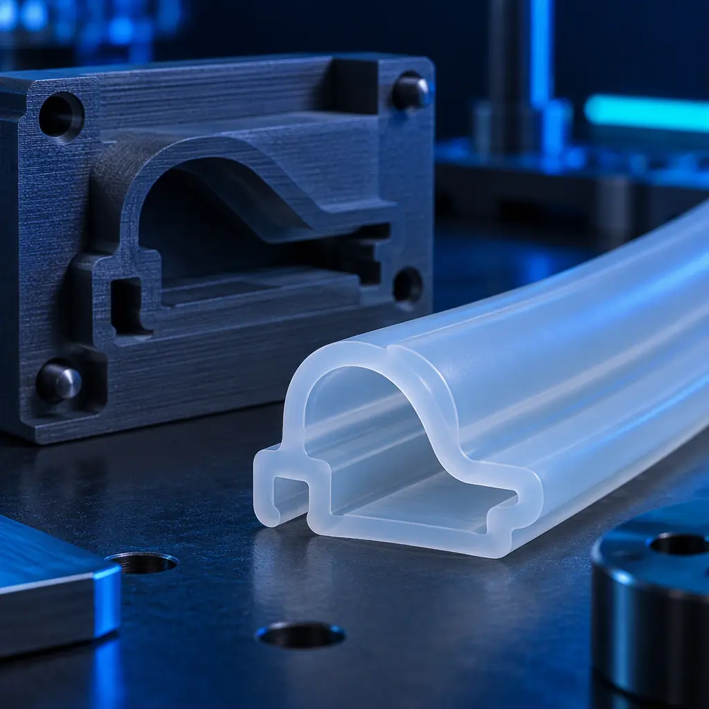 Photograph of a workbench with translucent and grey 3D printed gasket profiles arranged beside a machined metal flange housing under cool studio lighting