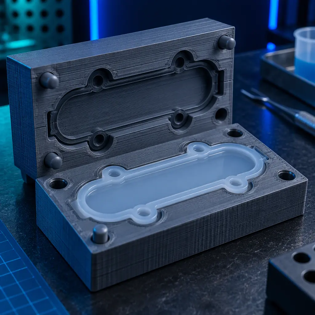 Close-up photograph of a 3D printed translucent silicone gasket profile with smooth surfaces resting on a dark engineering surface with a printed mould half behind it