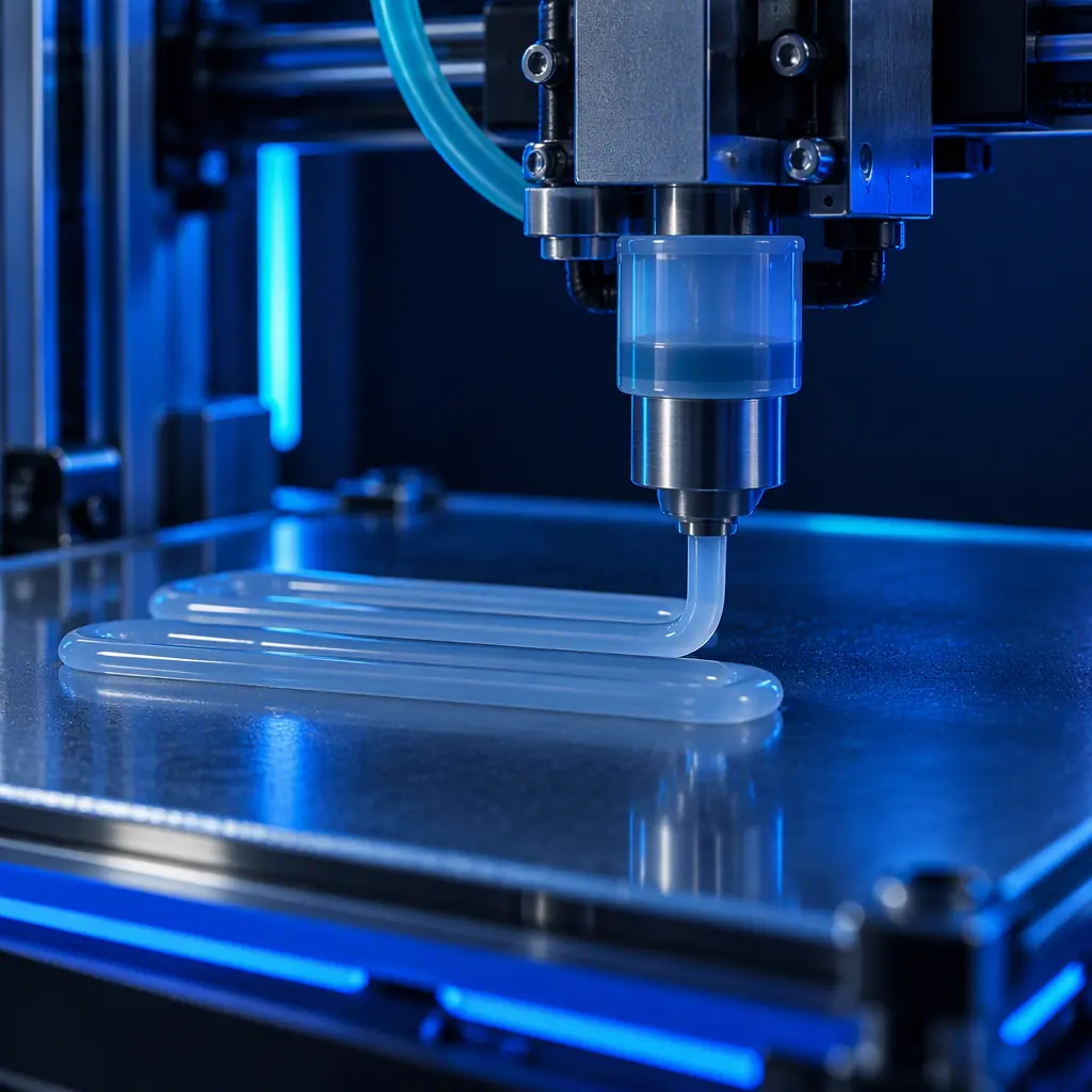 Studio photograph of a two-part 3D printed mould half with a silicone gasket casting still in the cavity, layer tooling marks visible on the outer faces