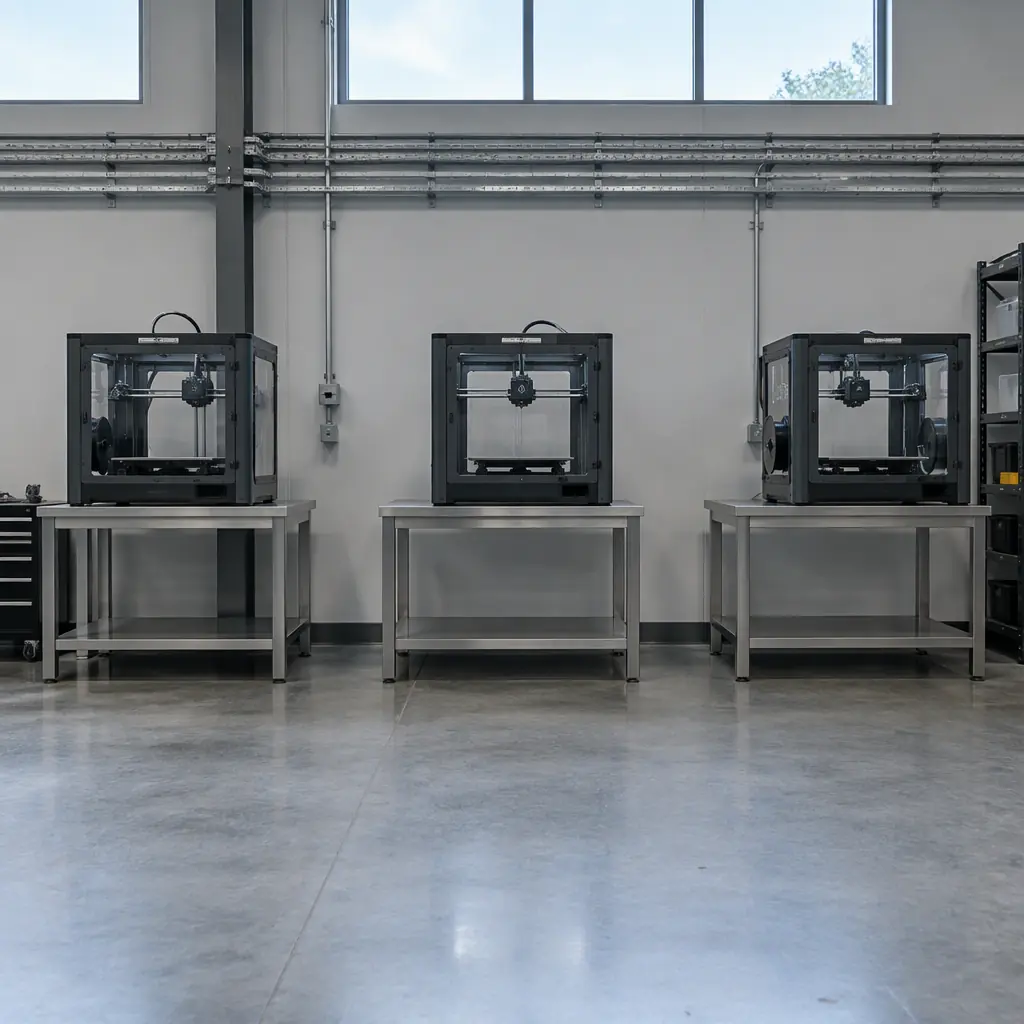 Row of three enclosed 3D printers on steel benches in a clean workshop with spacing between units and a concrete floor, cool daylight