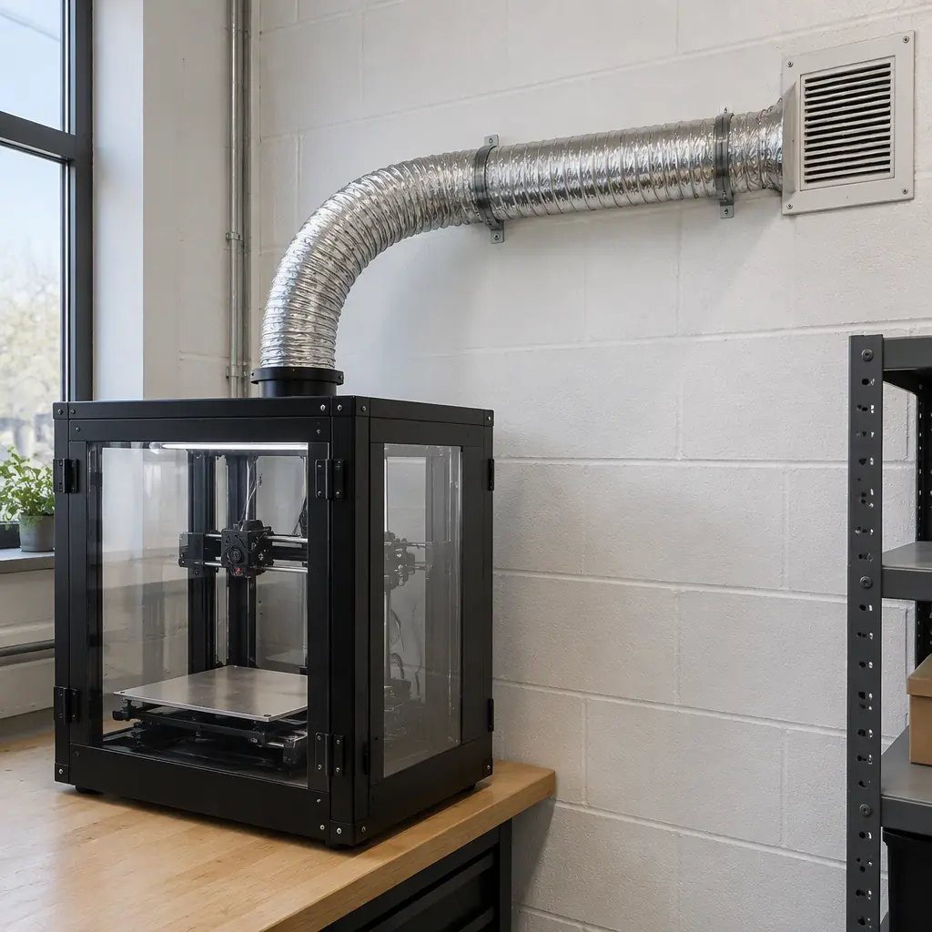 Ducted extraction hose connected to the top of an enclosed 3D printer, aluminium duct running to a wall vent, industrial interior
