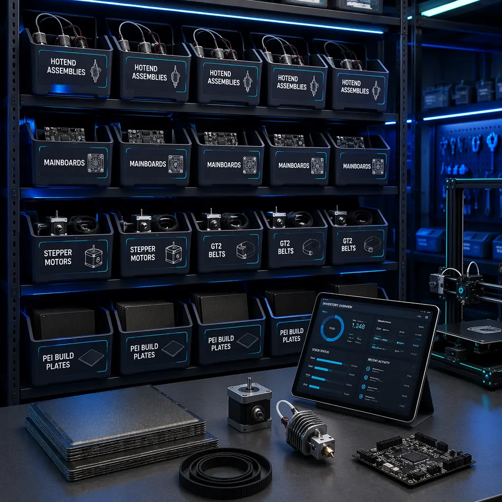 Professional service technician diagnosing 3D printer with multimeter on workbench — open electronics bay visible, organized spare parts cabinet in background, clean technical workspace with calibrated tools