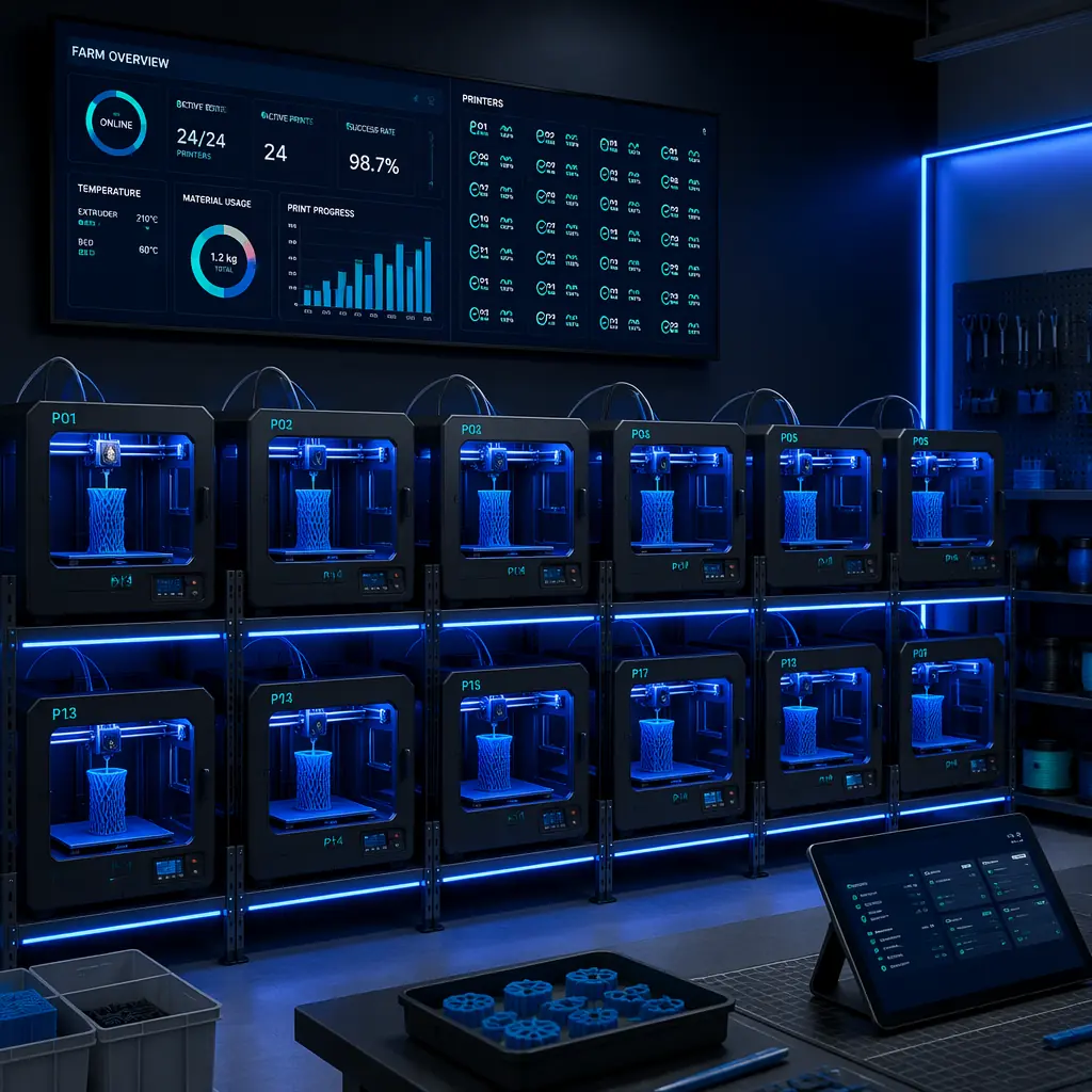 Organized spare parts inventory for 3D printers — labeled bins with hotend assemblies, mainboards, stepper motors, belts, and build plates on industrial shelving, inventory management tablet visible, clean warehouse lighting