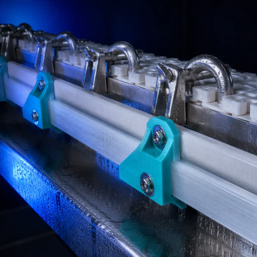 Macro close-up of 3D printed UHMWPE-compatible boning-conveyor wear strips and shackle guide brackets on a stainless meat-processing conveyor, condensation on the steel, hot-caustic washdown context, cold industrial lighting with electric blue accent, deep navy ambient, no text