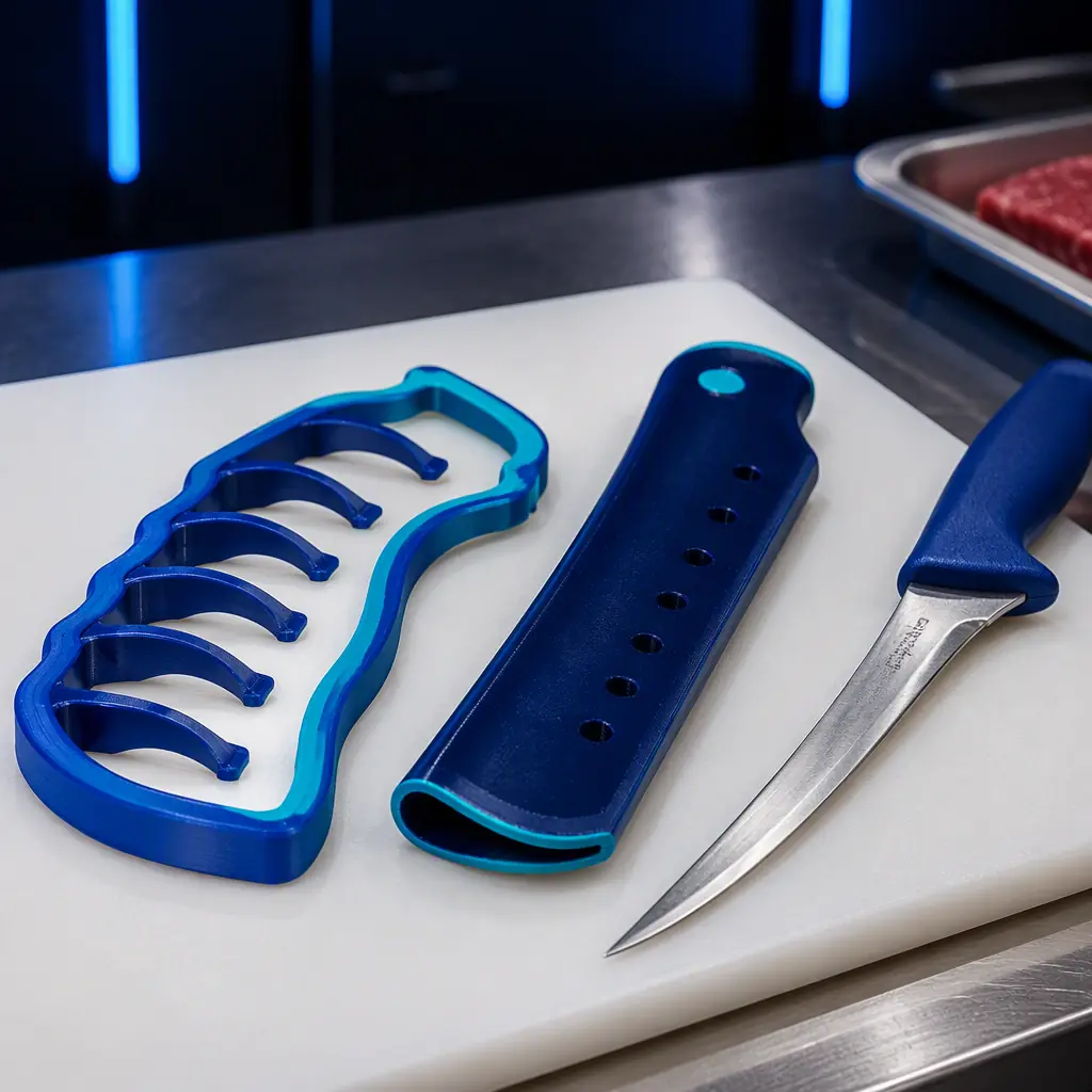 3D printed portioning template and knife scabbard beside a boning knife on a stainless meat-cutting station, clean hygenic lighting, washed polymer edges visible, cold industrial lighting with electric blue accent, no text