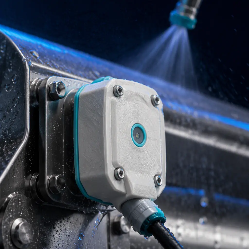 3D printed food-grade sensor housing and gasket rated for hot-caustic washdown, mounted on a stainless meat-processing machine with condensing moisture and a spray pattern, cold industrial lighting with electric blue accent, no text