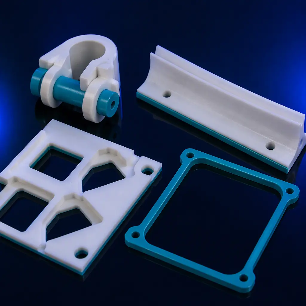 Array of 3D printed meat-processing plant spares on a dark maintenance bench: shackle guide, boning wear strip, portioning template, washdown housing gasket, cast in food-grade polymer with a subtle teal brand-free accent, deep navy background, precision engineering lighting, no text
