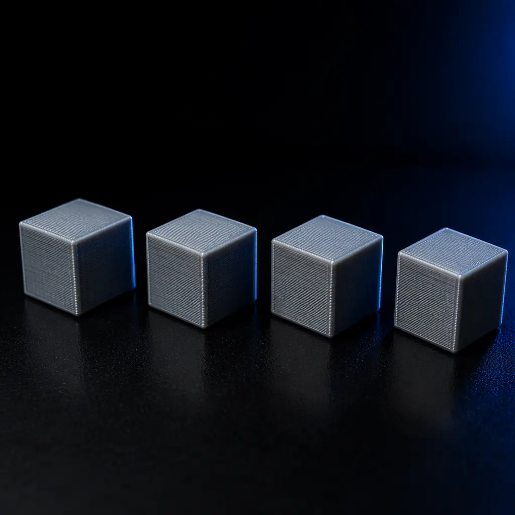 Split-screen comparison of four slicer software interfaces on modern monitors, each showing the same 3D model with different support and infill settings visualized in contrasting colors