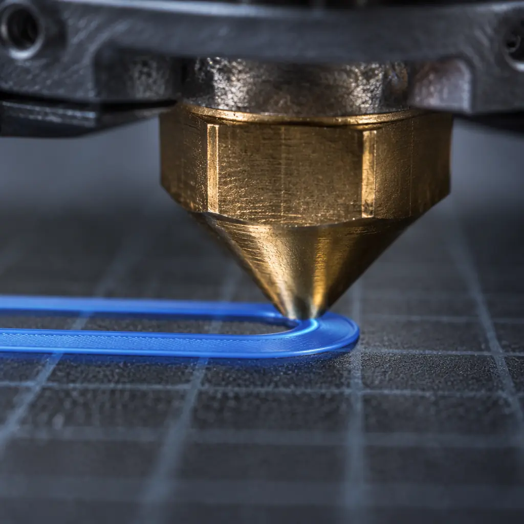 Macro close-up of a 3D printer nozzle laying down a perfect first layer on a textured PEI build plate, with slicer interface glowing on a monitor in the soft-focus background