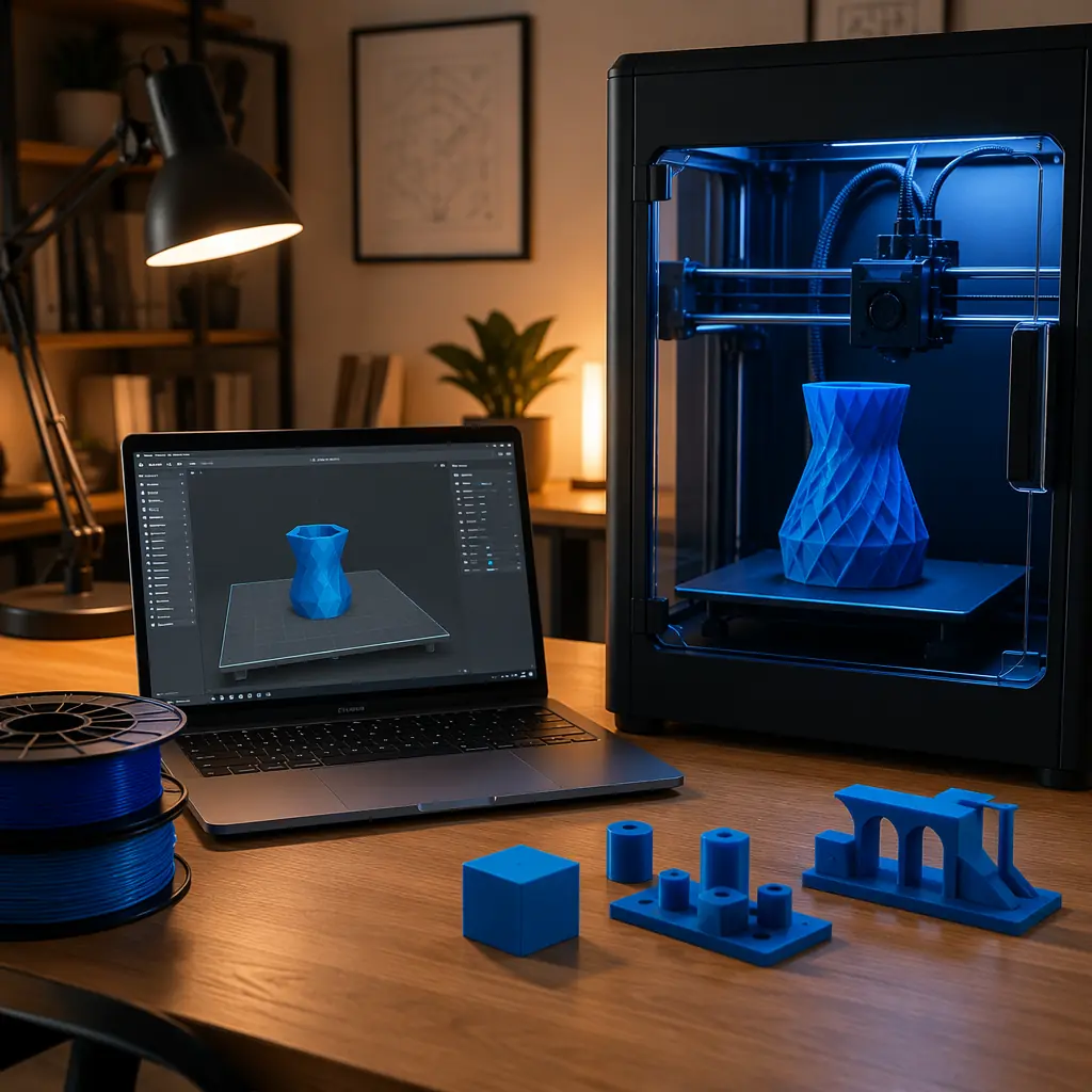 Distributor's training setup — laptop displaying slicer interface connected to a 3D printer on a clean workbench, with calibration prints, filament samples, and a printed quick-reference guide arranged neatly on the desk