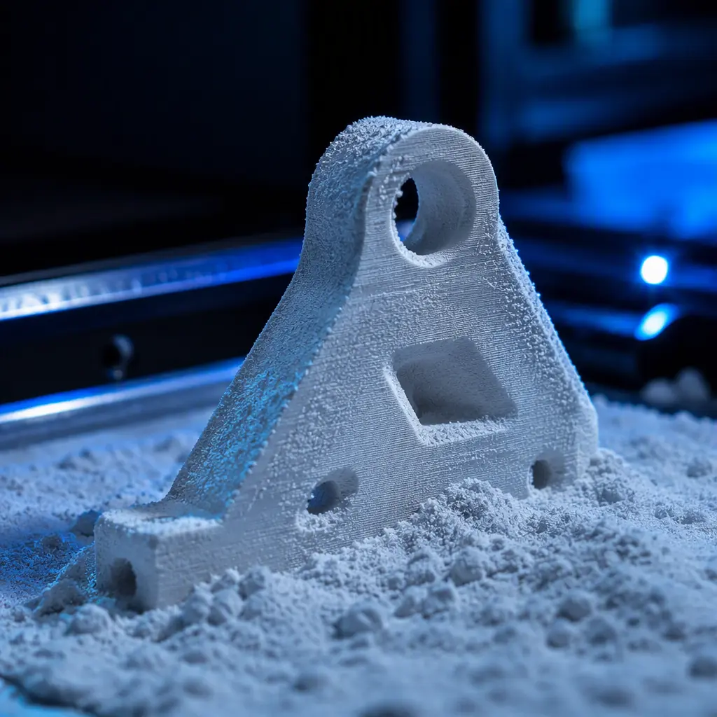 Macro close-up of SLS nylon PA12 part emerging from powder cake, unsintered powder particles clinging to the surface, industrial blue accent lighting, engineering lab setting