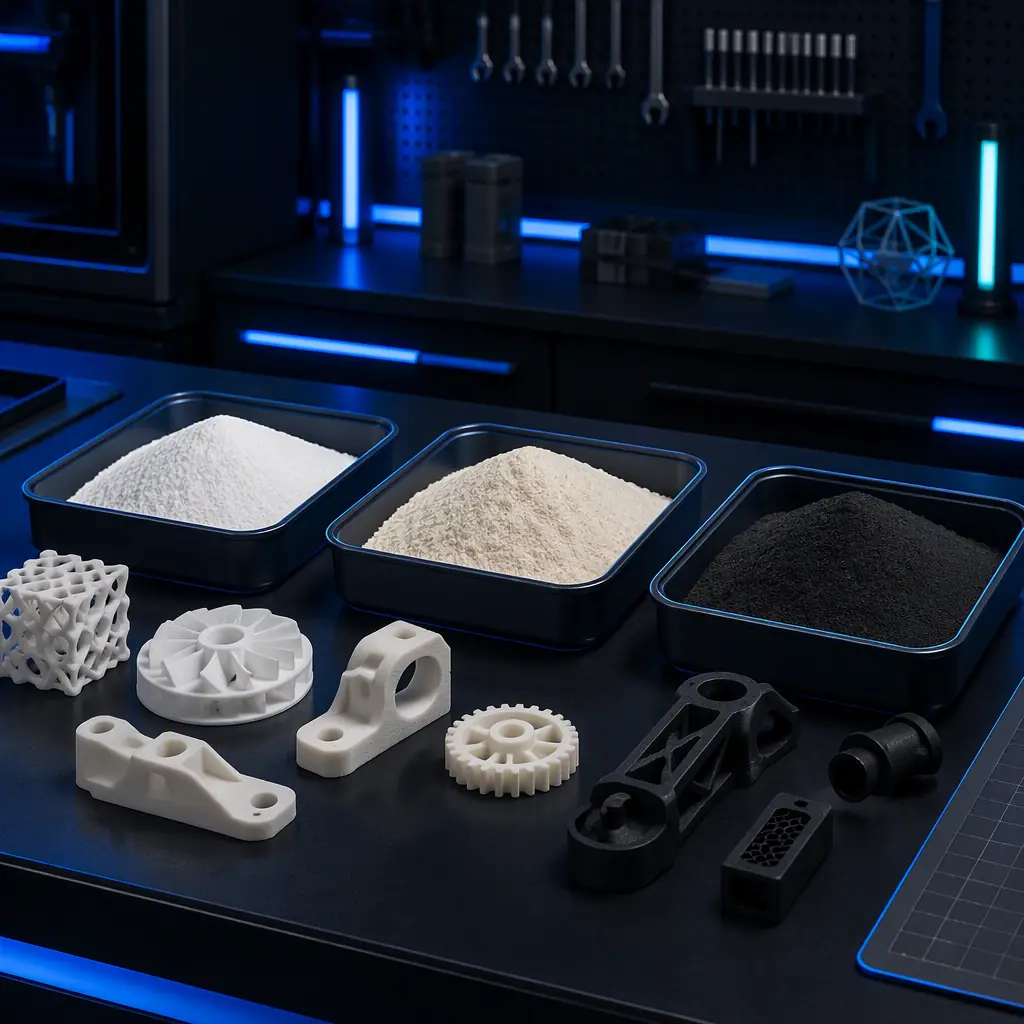 Three SLS nylon powder samples in labeled trays: white PA12 powder, off-white PA11 powder, black carbon-fiber-filled PA-CF powder, next to printed test parts, engineering lab workbench