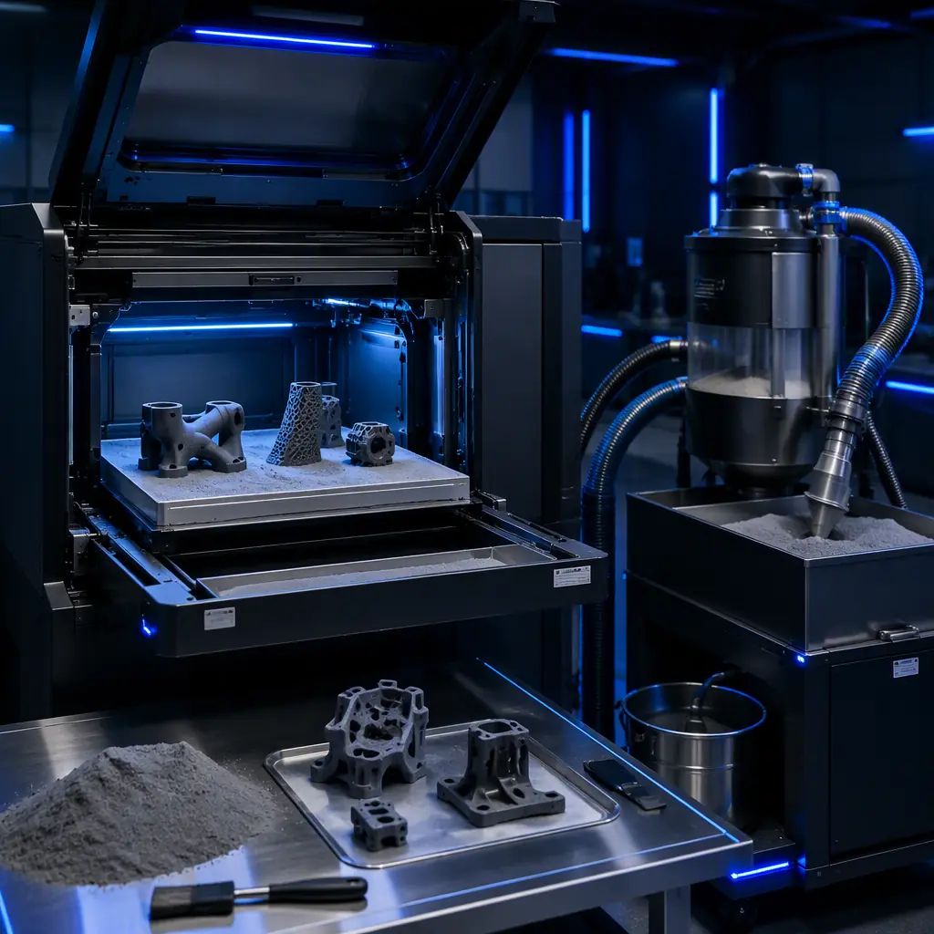 SLS 3D printer with open build chamber showing nylon powder bed and printed parts being removed, powder recycling station beside it, clean industrial lab with blue accent lighting