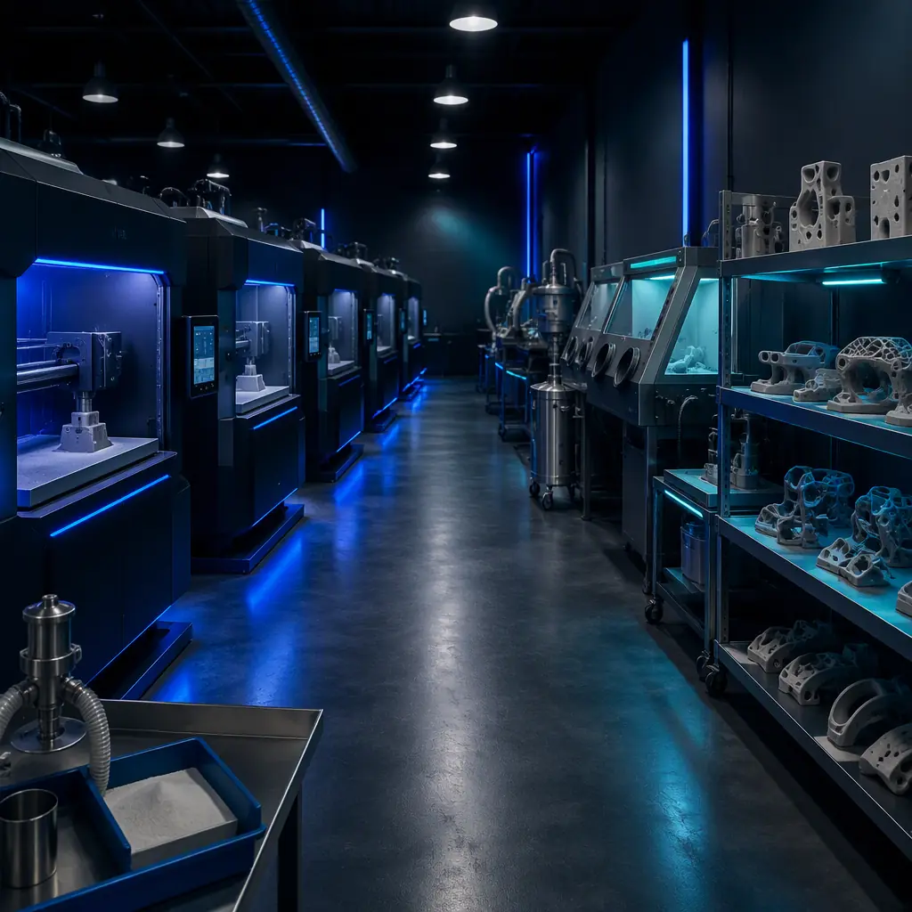 Rows of SLS 3D printers operating in a small production facility, powder handling stations and bead blasting cabinets along the wall, finished nylon parts on shelving, industrial lighting