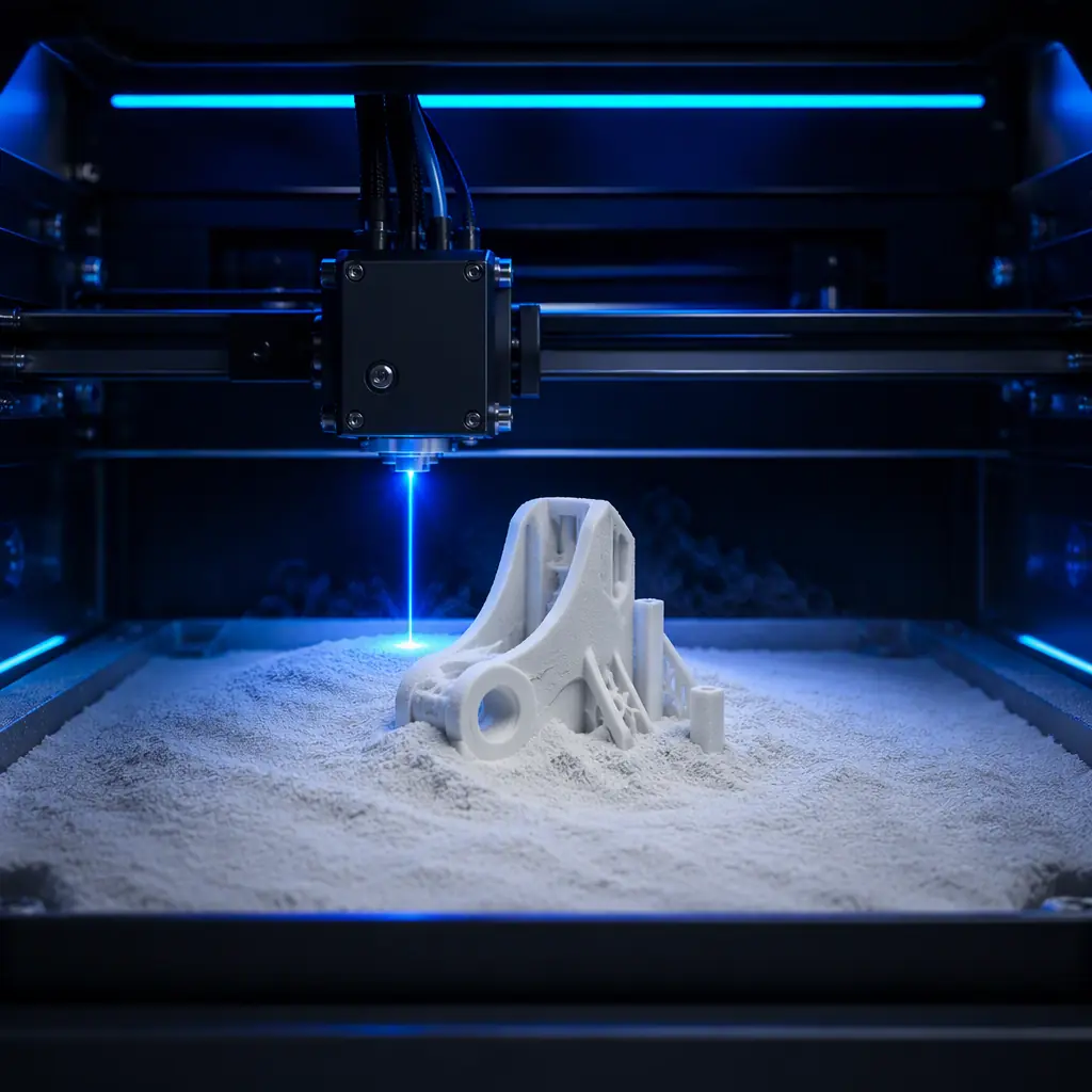 Close-up of SLS nylon powder flowing from an opened sealed bag into a powder hopper, fine white PA12 powder particles in motion, industrial workspace with powder handling gloves, photorealistic, no people faces, no text, no logos
