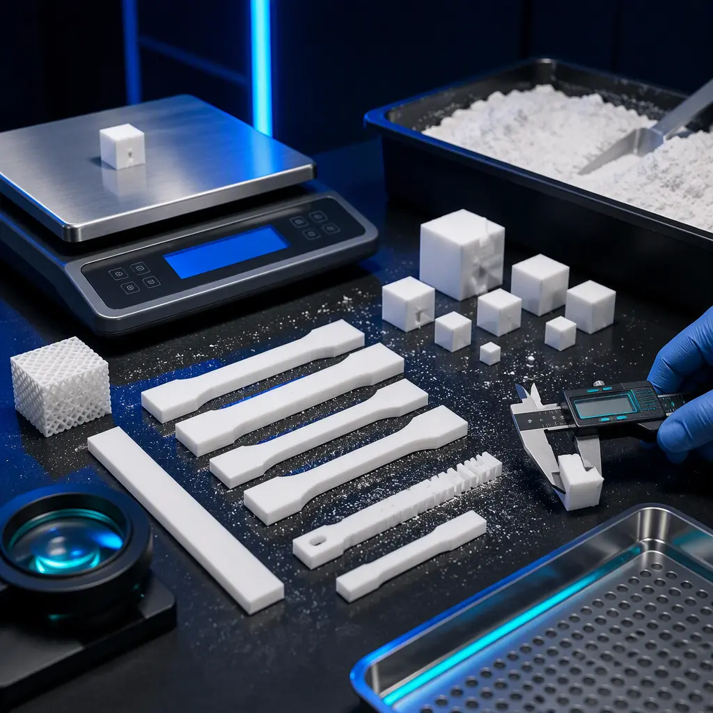 SLS test coupons and calibration cubes printed in white PA12 on a lab bench next to a digital scale and calipers, powder particles visible around the parts, engineering inspection setup, photorealistic, no people, no text, no logos