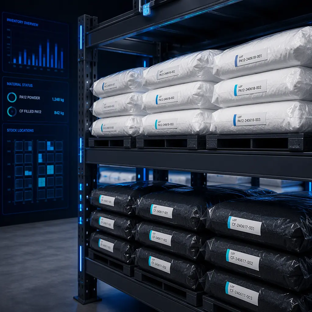 Sealed SLS powder bags with lot numbers and COA documents stacked in a clean warehouse storage rack, white PA12 and black PA-CF bags visible, inventory management setting, photorealistic, no people, no text, no logos