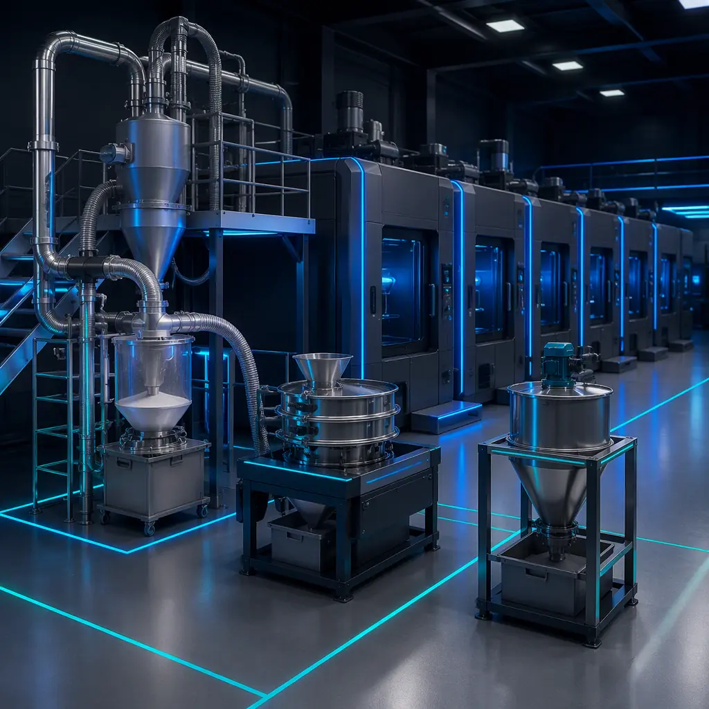 SLS print farm with powder recovery station, sieving machine and fresh powder mixing hopper beside rows of enclosed SLS printers, clean production facility, photorealistic, no people, no text, no logos