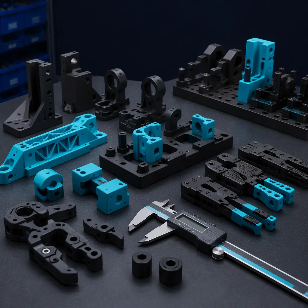 Small manufacturing shop floor with CNC machine in background, 3D printer on workbench printing a fixture part, operator reviewing CAD on tablet, industrial workshop setting