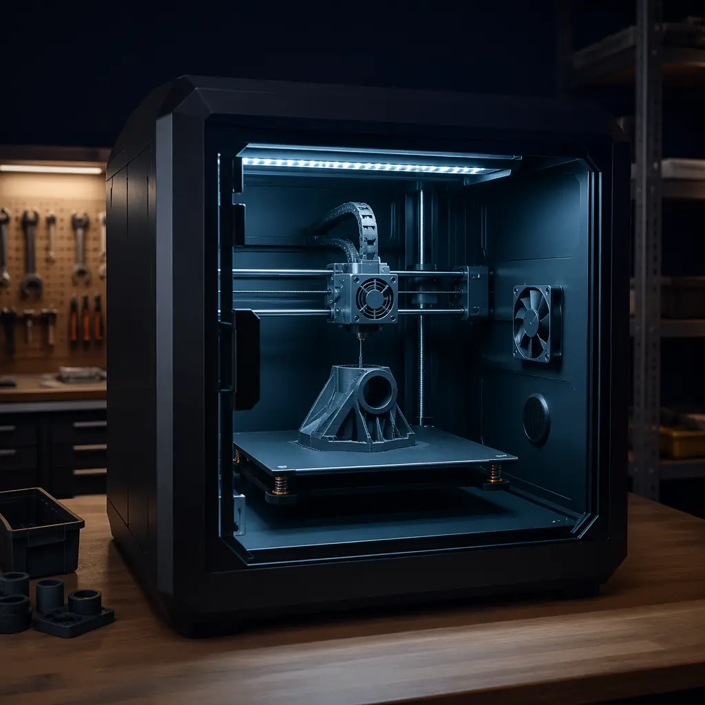 Collection of 3D-printed manufacturing tools on pegboard — drill jigs, go/no-go gauges, wrench organizers, part trays, all printed in engineering-grade filament with labels showing print time and material cost