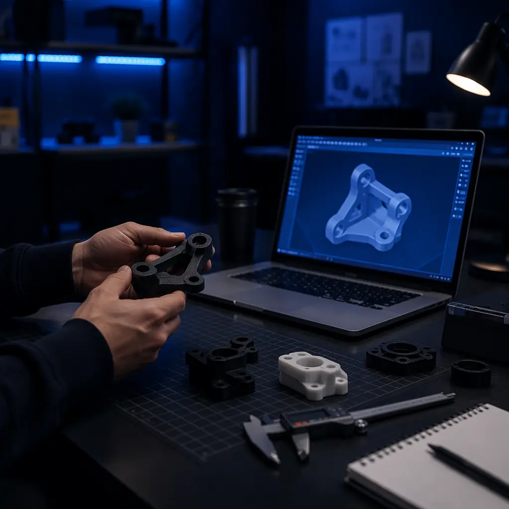 Side-by-side comparison of end-use 3D-printed parts — PETG jig on left, carbon-fiber-filled nylon fixture on right, both mounted on manufacturing equipment, callouts showing material properties and print cost