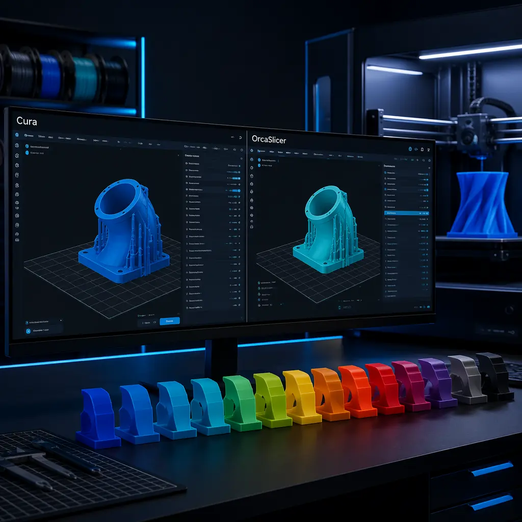 Multiple 3D printer control interfaces displayed on dual monitors in a print farm setting, OctoPrint dashboard showing print queue and webcam feeds, filament spools visible on printers in background