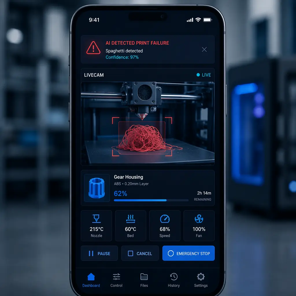 Split-screen view showing Cura and OrcaSlicer interfaces side by side on ultrawide monitor, 3D printer in background mid-print, color-calibrated engineering filament samples on desk