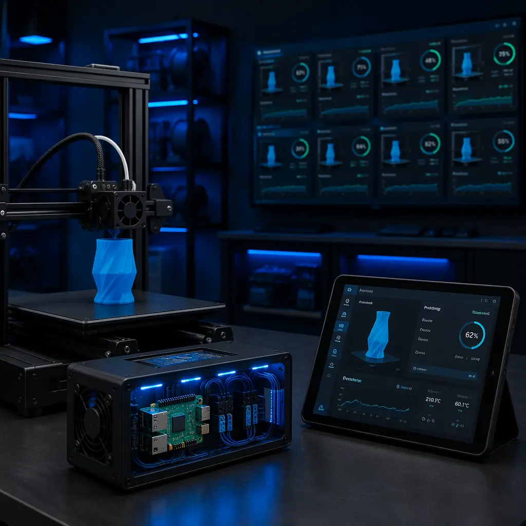 Smartphone displaying OctoEverywhere dashboard with live webcam feed of 3D printer mid-print, AI failure detection overlay highlighting a potential spaghetti failure, notification banner visible