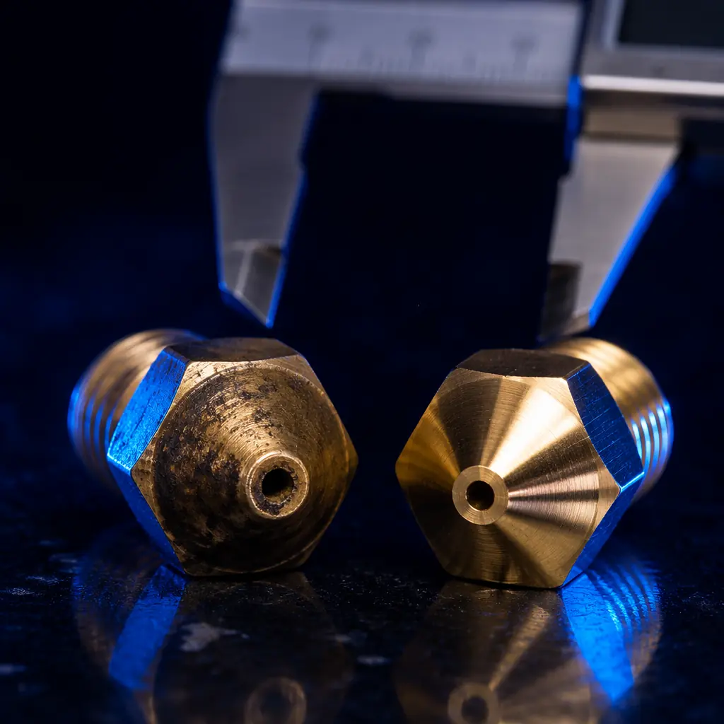 Close-up macro shot of worn brass 3D printer nozzle tip next to a fresh replacement nozzle on a dark surface, showing bore diameter comparison with digital calipers for scale