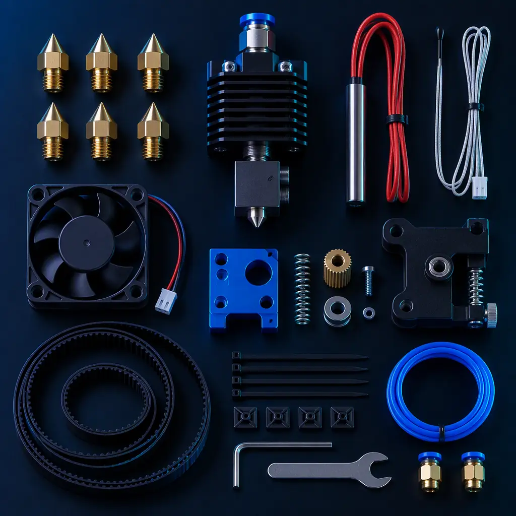 Photograph of an organised spare parts cabinet for 3D printers with labelled drawers of nozzles, hotend assemblies, belts, pulleys, fans and heater cartridges laid out on a service bench