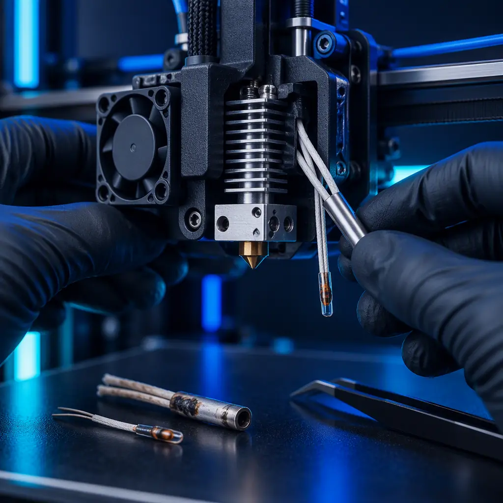 Macro photograph of a service technician replacing a hotend heater cartridge and thermistor on an open 3D printer toolhead with the old components set aside on a bench