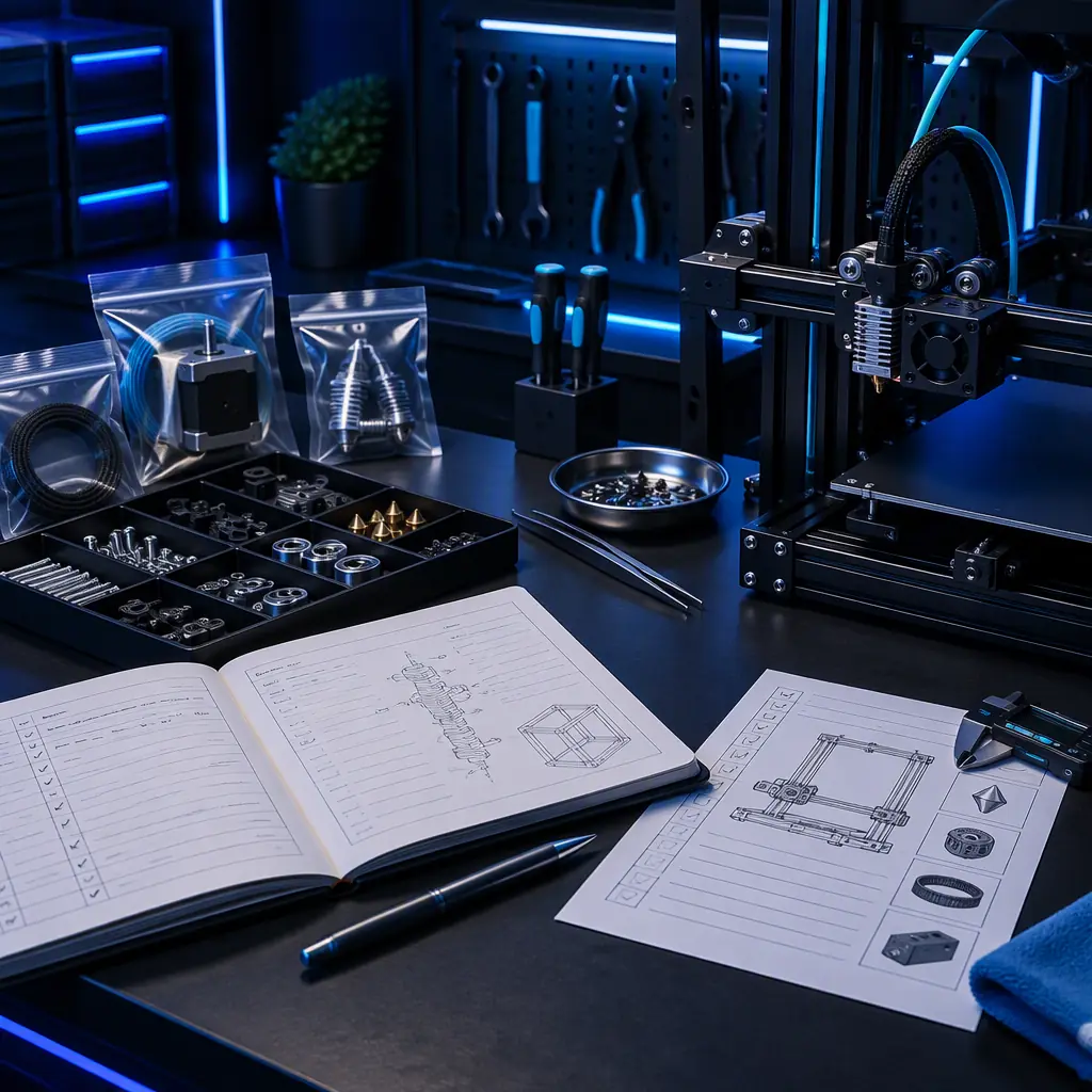 Photograph of a service logbook and a labelled parts tray on a dark bench beside a 3D printer under maintenance, with packaged replacement components and an inspection sheet