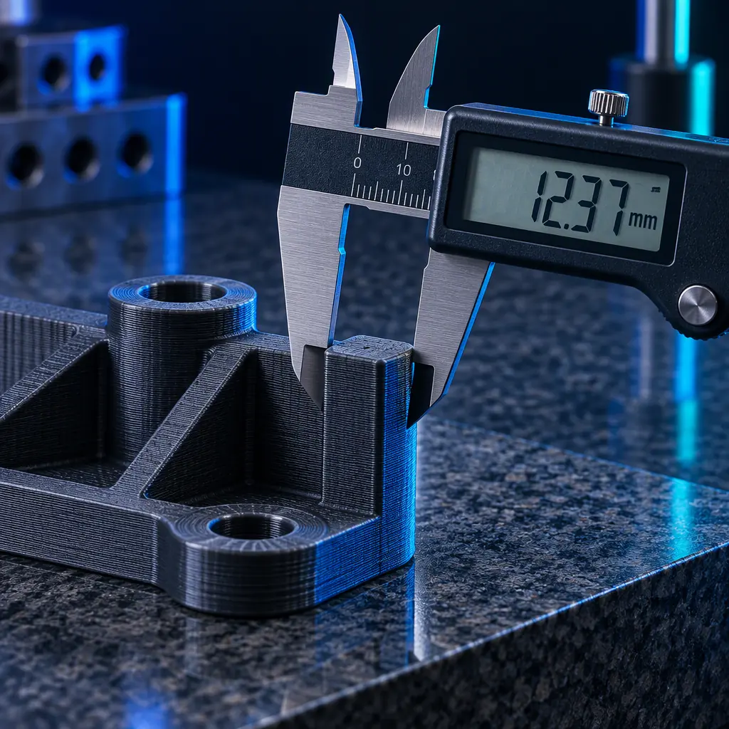 Engineer with digital calipers measuring a 3D printed part on a granite surface plate in a quality control lab