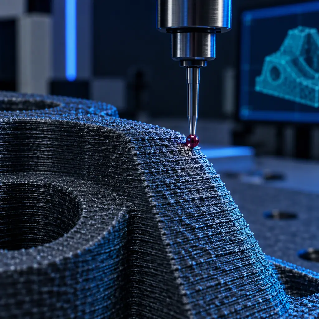 Surface roughness of an as-printed part shown in macro detail under a coordinate measuring machine probe in a metrology room
