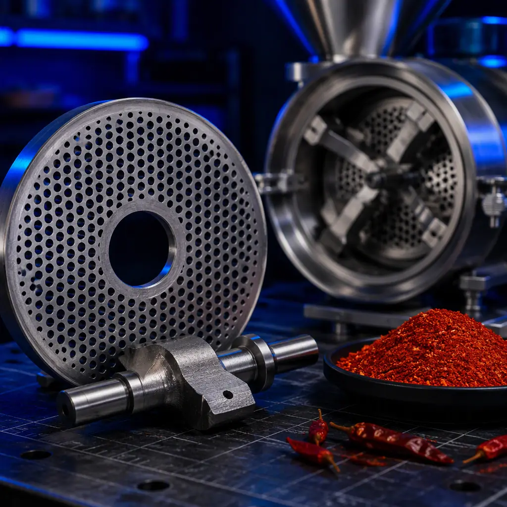 3D printed perforated mill screen plate and grinding hammer pin on a dark technical workbench beside a stainless spice hammer mill, fine red chili powder dust in the air, deep navy ambient with electric blue accent lighting, precision industrial photography, no text