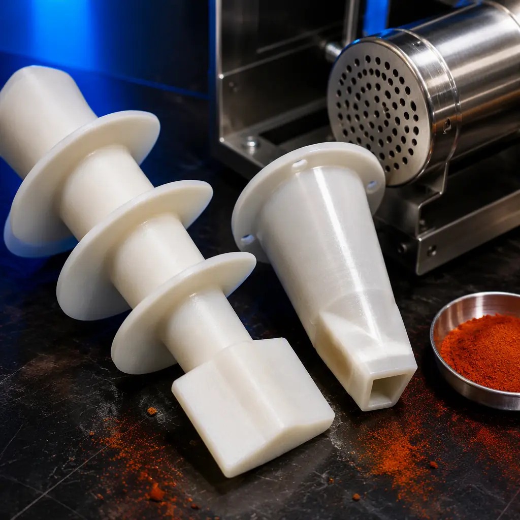 Macro close-up of a 3D printed food-grade polypropylene screw-conveyor paddle and a filler dosing spout on a dark workbench beside a stainless spice packaging shaker, fine paprika powder smudges, industrial lighting with electric blue accent, no text