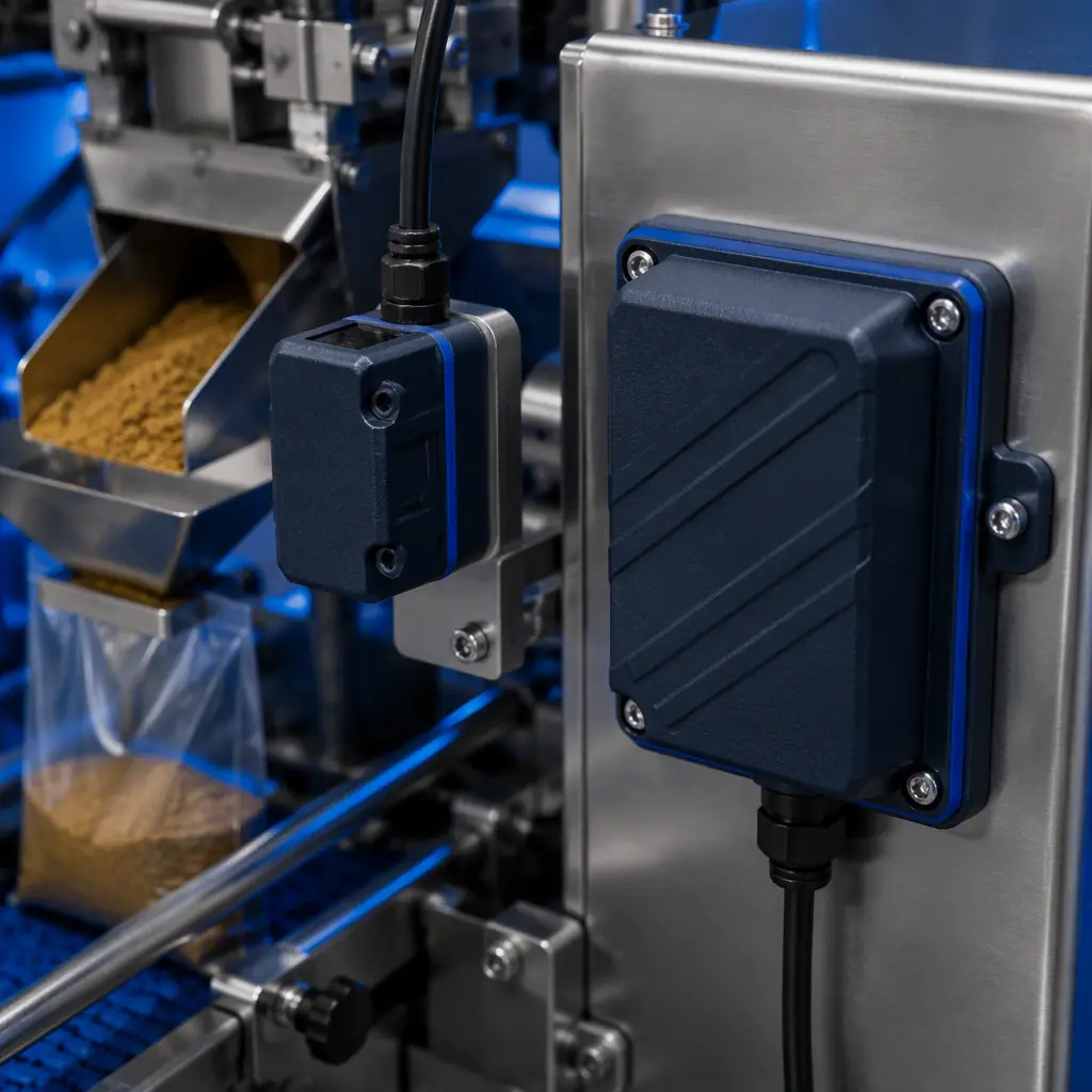 3D printed sensor housing and control-box gasket on a washdown-ready spice packaging machine, stainless and deep-navy surfaces, macro product shot, electric blue accent, no text