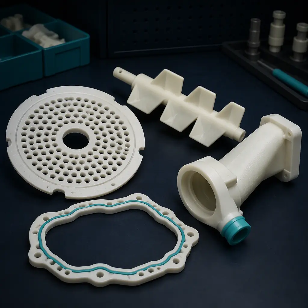 Array of 3D printed spice-plant spares on a dark maintenance bench: mill screen plate, conveyor paddle, filler dosing spout, housing gasket, cast in food-grade natural polymer with a subtle teal brand-free accent, deep navy background, precision engineering lighting, no text