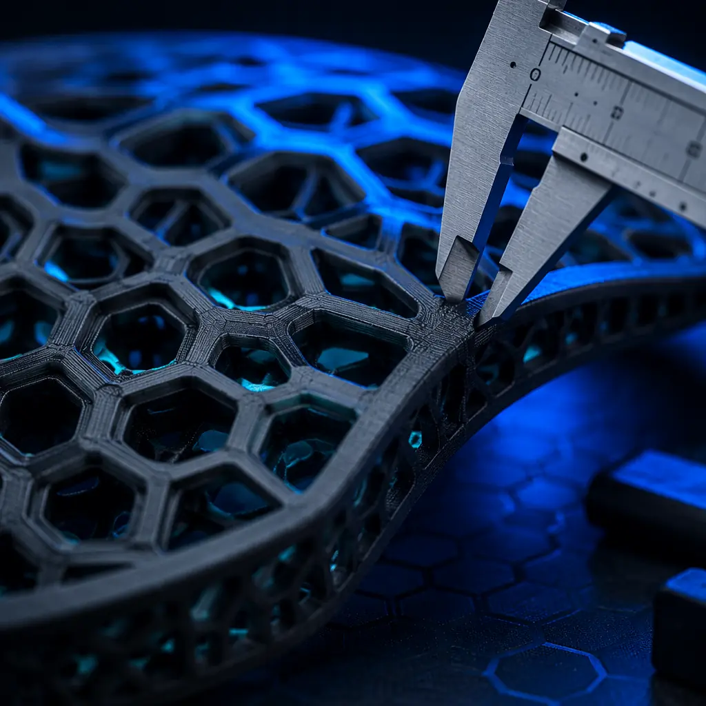 Professional macro studio photo of 3D-printed sports components arranged on a dark technical surface: a carbon-fiber nylon protective helmet insert with lattice structure, a PEBA running shoe midsole, and a titanium bicycle lug, dramatic side lighting