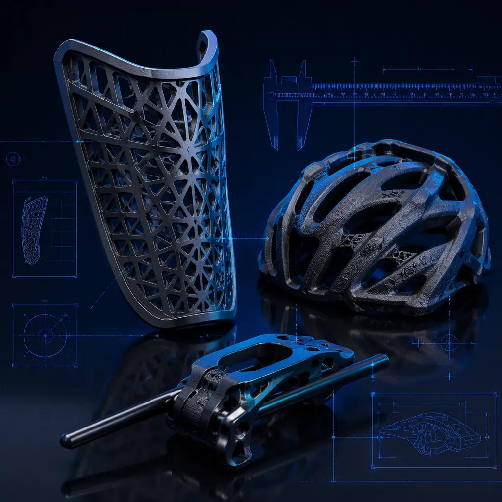 Wide studio shot of a sports equipment R&D workspace: an SLS printer in the background, finished 3D-printed helmet lattice inserts and cycling components on a workbench, material canisters labeled TPU and PA12-CF, a digital Shore durometer on the bench
