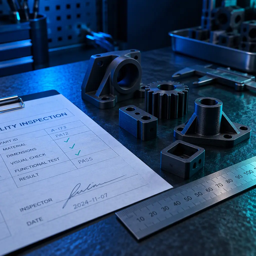 Printed engineering parts arranged on a dark surface next to a signed inspection report and a caliper, dark navy studio background with blue accent light