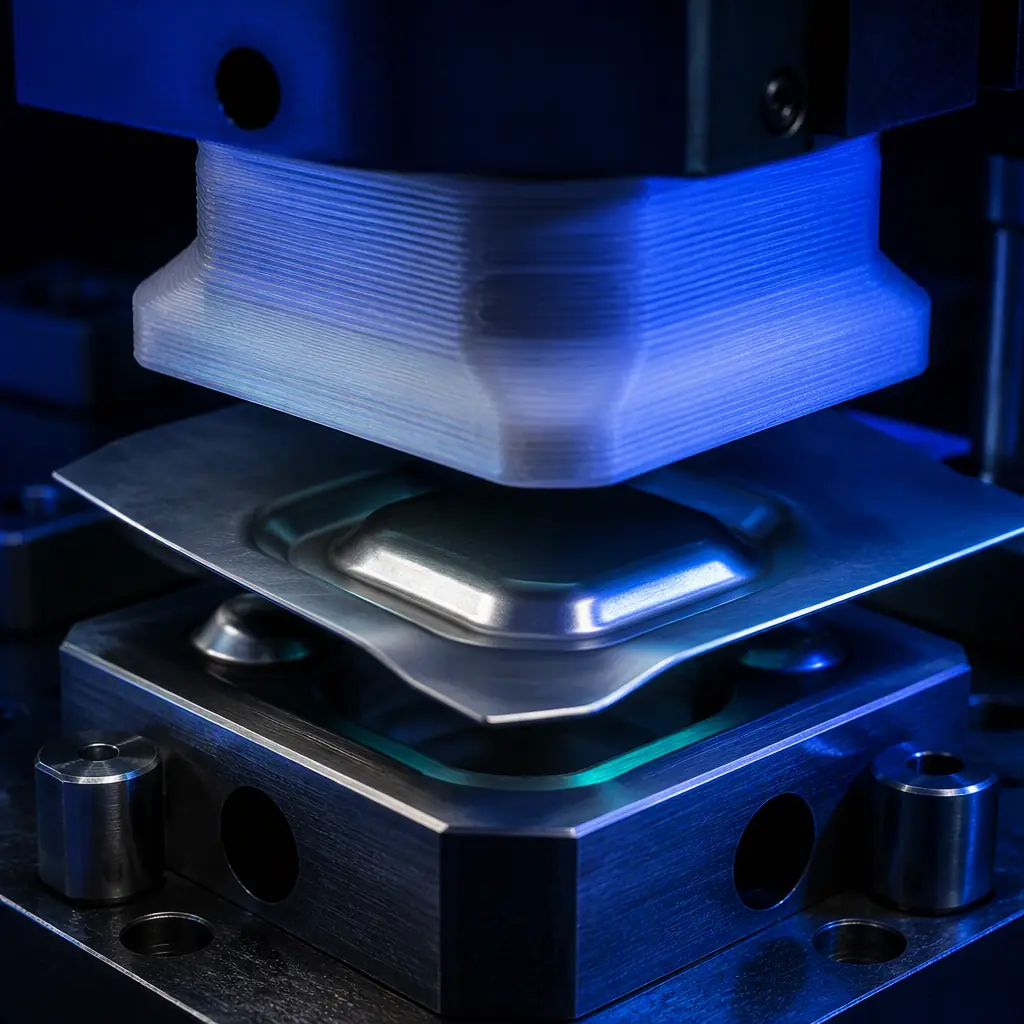 Macro close-up of a 3D printed polymer forming die with a wipe of forming pressure against a thin sheet metal blank, visible layer texture on the die face, dark stamping press ambience with electric blue accent, no text, no logos