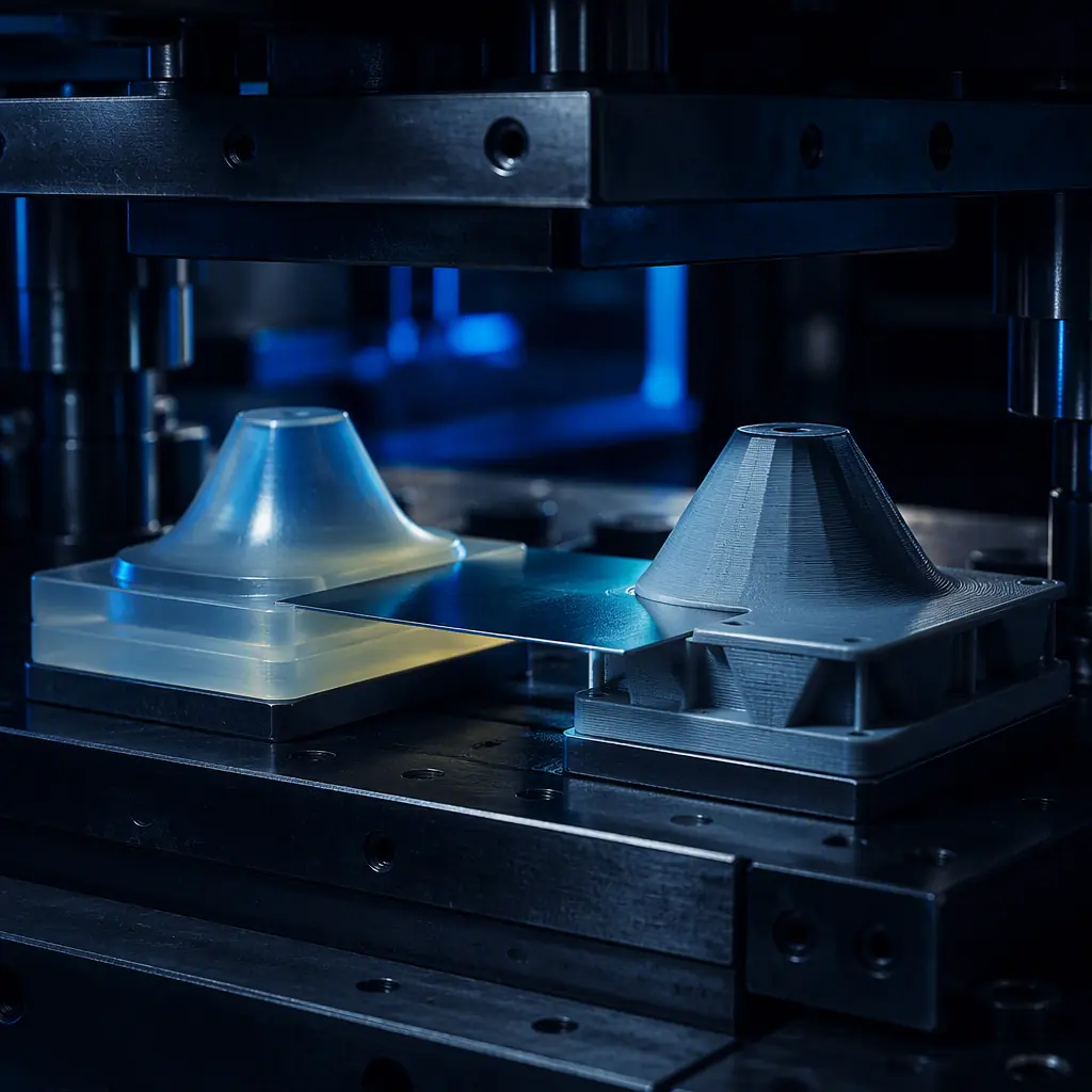 A translucent urethane pad and a 3D printed polymer former side by side on a dark stamping press bench, a thin pre-painted metal sheet held between them, cold industrial lighting with teal accent, no text, no logos