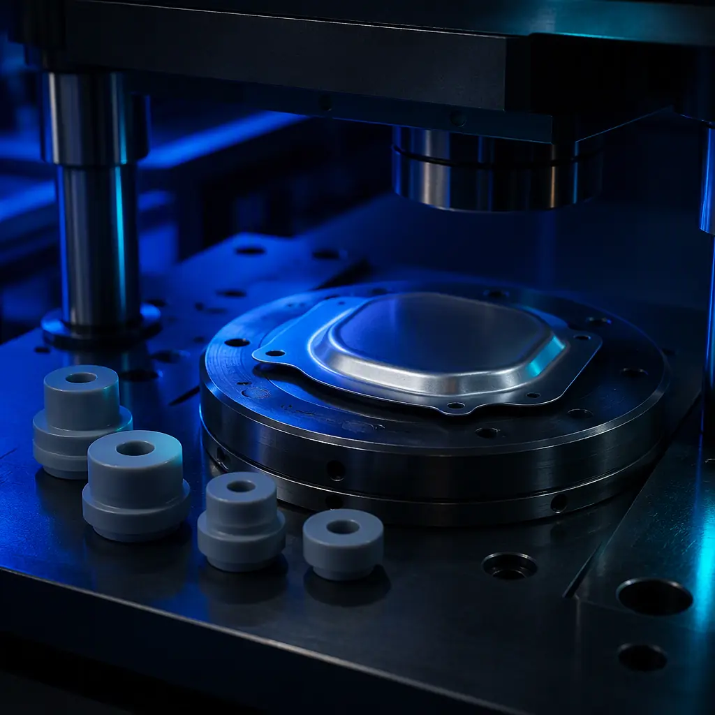 3D printed draw beads and a trim die on the bed of a dark stamping press, a formed thin metal part resting in the die, precision tooling context, cold industrial lighting, electric blue accent, no text, no logos