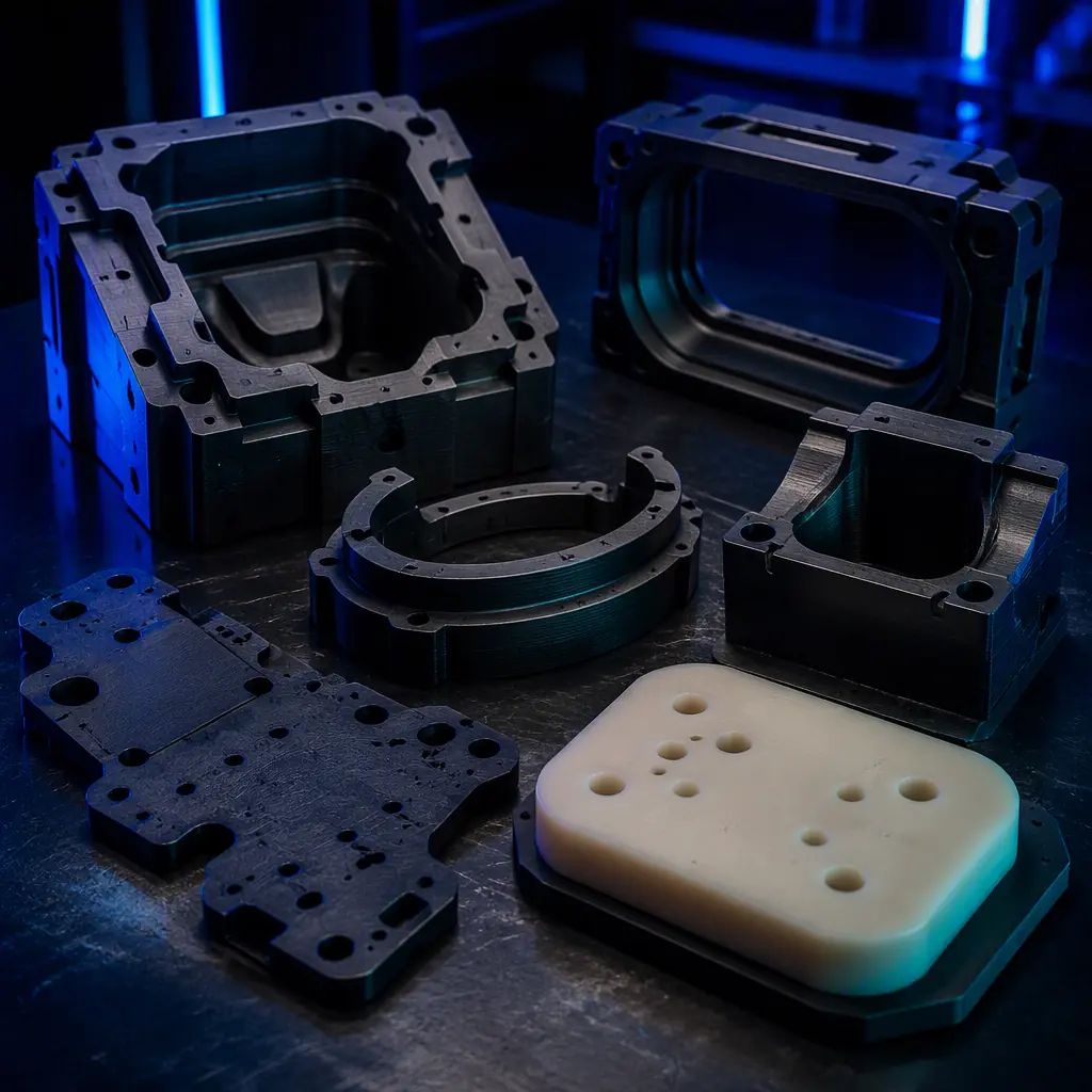 Array of 3D printed stamping die components on a dark bench: polymer forming die, draw bead, trim die, urethane pad, wear plate, cast in matte black reinforced polymer with subtle teal accent, deep navy ambient, precision engineering lighting, no text, no logos