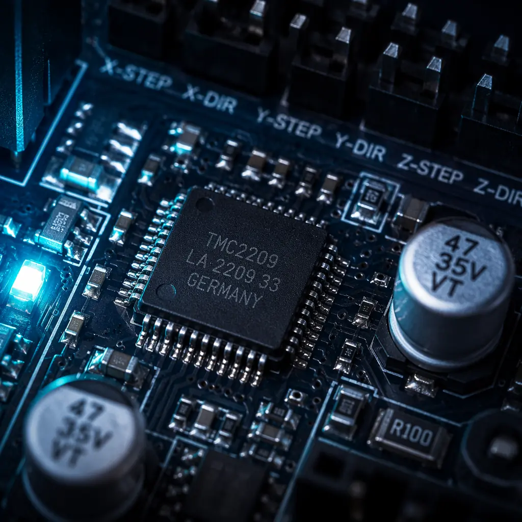 Close-up macro photograph of Trinamic TMC2209 stepper driver chip on a 3D printer motherboard, chip markings and PCB traces visible, precision electronics photography