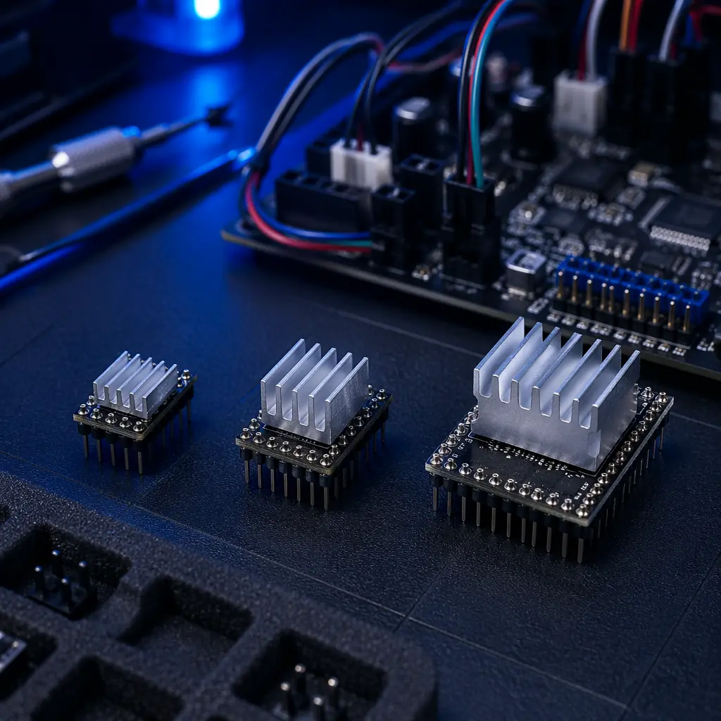Array of Trinamic TMC driver chips on anti-static mat, TMC2208, TMC2209, and TMC5160 visible with pin headers and heat sinks, electronics component photography